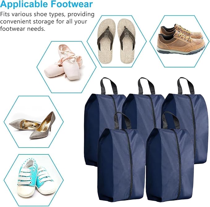 5Pcs Large Travel Shoe Bags Portable Travel Gifts Shoe Organizer with Zipper Closure, Waterproof Nylon Shoe Storage Organizer with Handle Travel Bags For Men and Women, Navy - Image 7