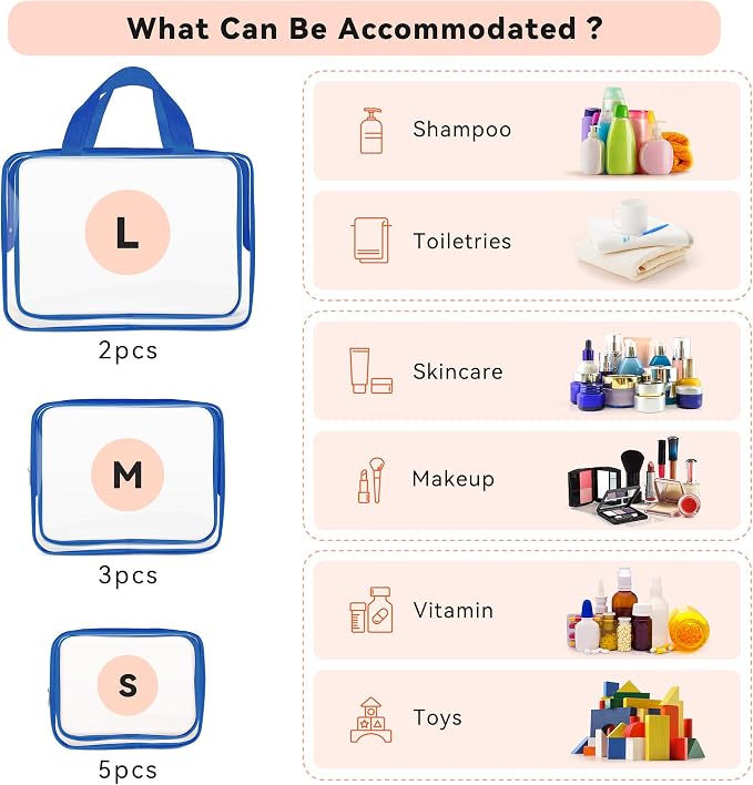 TISRATOK 10 PCS Clear Travel Bags for Toiletries, Clear Makeup Bags（Blue） | 3 Size plastic clear bags with zipper handbag, TSA approved cosmetic pouch for travel, swimsuit,toy storage bags - Image 3
