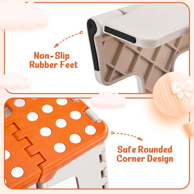 Folding Step Stool 9 Inch for Kids, 300 lbs, Bicolor Orange | Lightweight Plastic Small Foldable Step Stool with Handle, Non-Slip, for Kitchen, Bathroom, Bedroom and Closet - Image 6