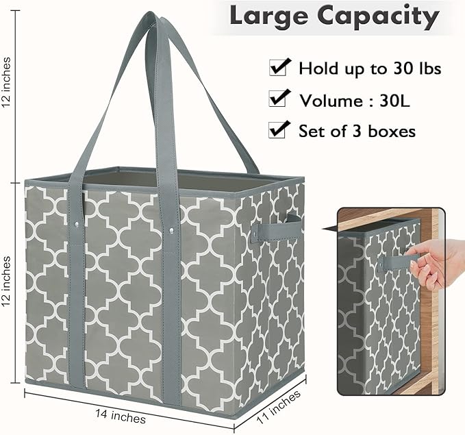 Reusable Grocery Bags 2-Pack Foldable Washable Large Storage Basket, Grey | Water Resistant Shopping Tote Bag Bins - Image 3