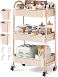 Beige 3 Tier Rolling Cart Metal with Wheels,Tan Three Tiered Bedside Carts | Utility Storage Organizer Trolley on Wheels for Art, Craft, Diaper Caddy,Nursing,Postpartum,Baby Essentials,Bathroom Supplies by Unknown