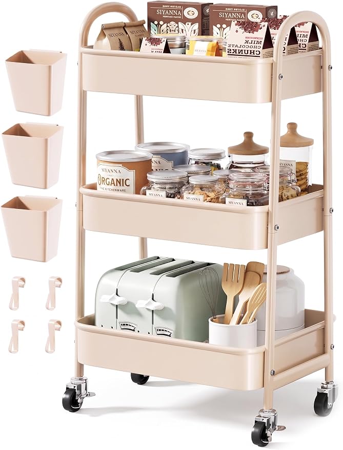 Beige 3 Tier Rolling Cart Metal with Wheels,Tan Three Tiered Bedside Carts | Utility Storage Organizer Trolley on Wheels for Art, Craft, Diaper Caddy,Nursing,Postpartum,Baby Essentials,Bathroom Supplies by Unknown