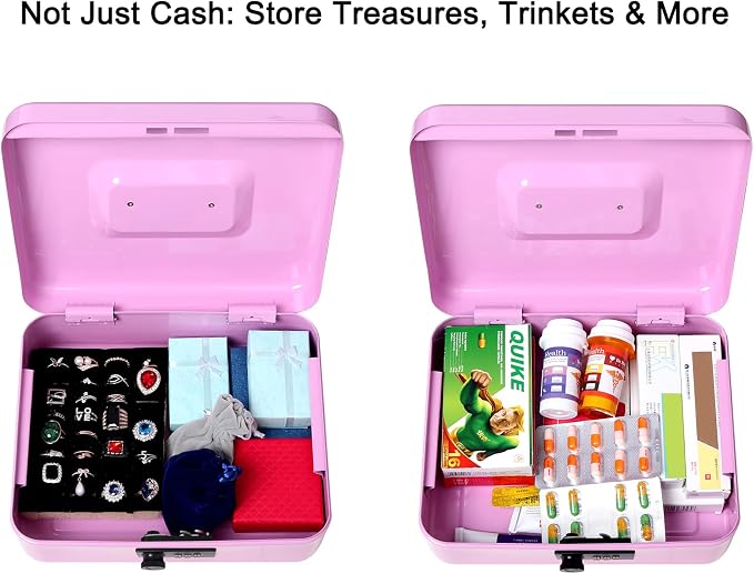 Jssmst Large Cash Box with Combination Lock - Durable Metal Cash Box with Money Tray, Light Purple (9.84 x 7.87 x 3.46) - Image 5
