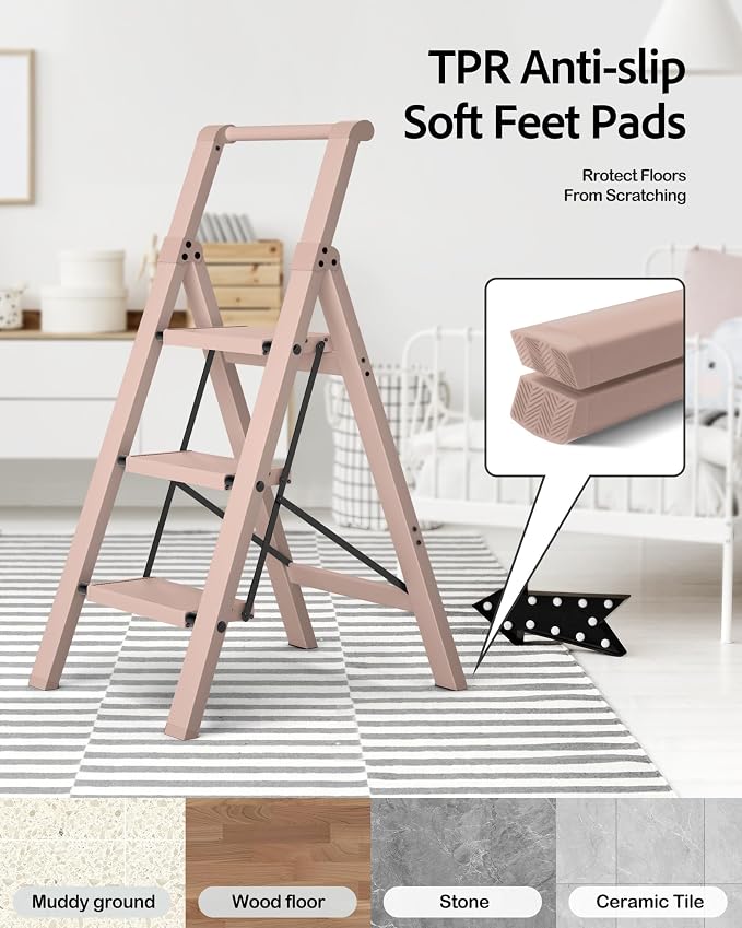 Taranta 3 Step Ladder,Aluminum Step Stool Foldable-Peach Pink | Folding Ladder with Handgrip,Wide Top Pedal,330lbs Capacity Stepladder for Home,Office,Kitchen - Image 7