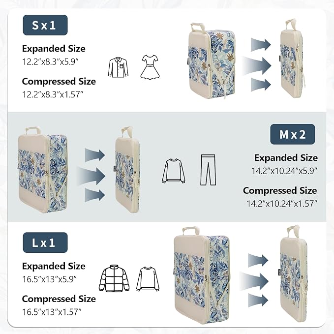 Compression Packing Cubes for Travel Essential, 4 Set Compression Bags for Travel Packing Organizer, Expandable Compression Cubes for Travel, Standard, Blue Floral - Image 2