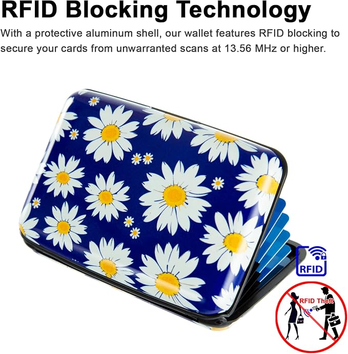 Credit Card Holder for Women Men RFID Blocking Wallet Small Business Metal Slim Mini Aluminum Hard Case (White Flowers Chamomile) - Image 5