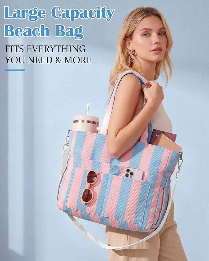 Kacctyen Striped Beach Tote Bag for Women Large Beach Foldable Tote Bag with Zipper Pockets for Travel Pool - Image 5