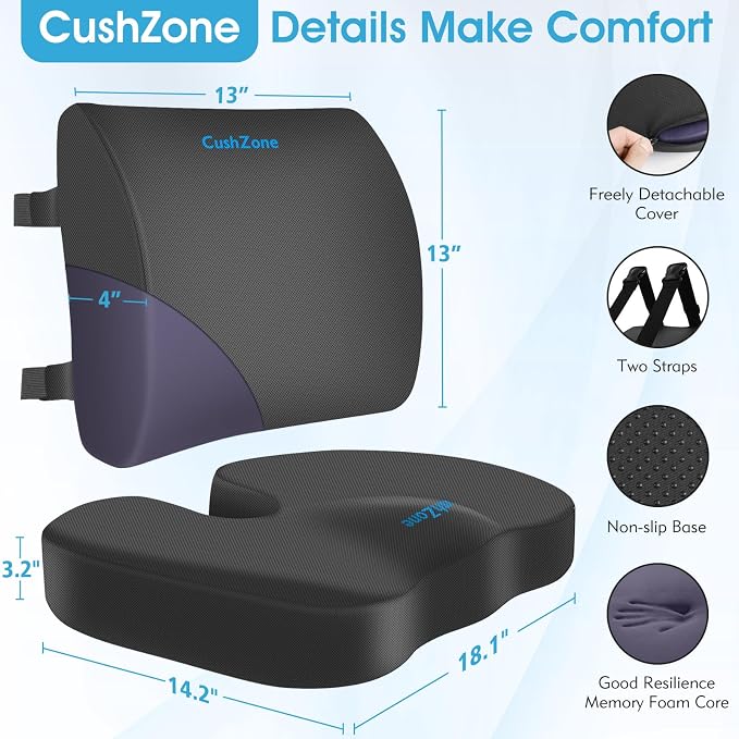 CushZone Seat Cushion, Lumbar Support Pillow with Adjustable Strap-Chair Cushions for Sciatica Pain Relief-with Washable Cover Memory Foam for Car, Travel and Wheelchair-Gray | Ergonomic memory foam for sciatica pain relief, back cushion for car, non-s... - Image 3
