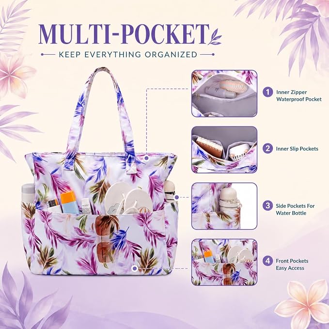 LEDAOU Large Beach Bag for Women, Waterproof Sandproof Tote Bag with Zipper | 36L Pool and Swim bag with Zipper, Wet/Dry pocket and 7 Pockets for Beach Days, Cruises, Vacations and Family travel - Image 6