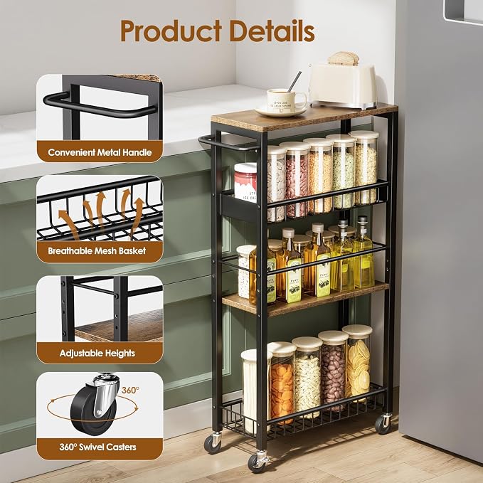 Slim Rolling Storage Cart, 4 Tier Narrow Storage Cart, 7.1in(W) | Metal Kitchen Rolling Cart for Small Spaces, Narrow Shelf for Kitchen, Laundry Room, Bathroom, Living Room - Image 6