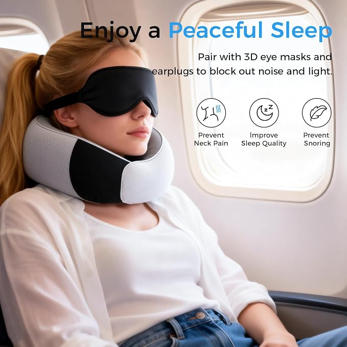 Travel Pillows, 100% Pure Memory Foam Neck Pillow for Airplanes, 360° Head Support, Ergonomic Design, with 3D Eye Mask, Earplugs and Storage Pouch, Airport Travel Essentials for Office, Airplane, Car - Image 5