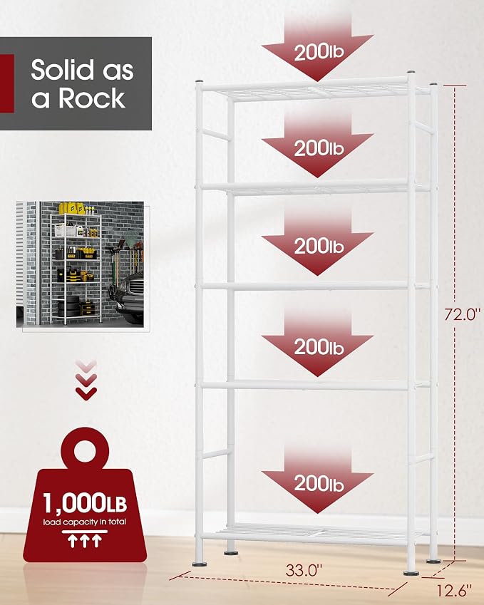 Sakugi Storage Shelves - 5 Tier Shelf Organizer, Heavy Duty Garage Shelving Unit with Leveling Feet, Stable Metal Shelves Organizer for Pantry, Kitchen and Closet, 33.0" W x 12.6" D x 72.0" H, White - Image 3