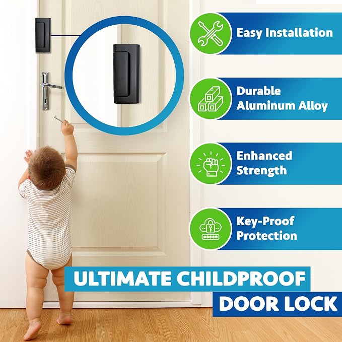 Door Locks (2-Pack) - Easy To Install Aluminum Home Security Door Locks for Front Door - Child Proof Door Lock for Kids Safety - Withstand 800 lb of Force & Tamper Proof Top Door Lock Latch - Image 2