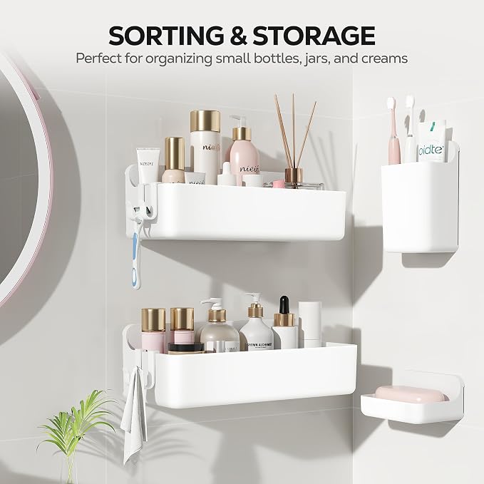 Nieifi Adhesive Shower Shelves, White, 4 Pieces | Rustproof ABS, Large Capacity, Removable Design, Easy-Clean, No Drilling Shower Organizer for Bathroom Storage & Home Decor - Image 8