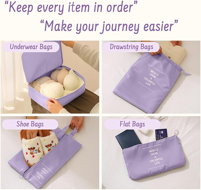 9 Set Packing Cubes for Travel Essentials - Lightweight Carry-On Luggage Organizer Bags with Shoe, Clothes & Laundry Bags for Airplane, Family & Business Travel, Light purple - Image 2