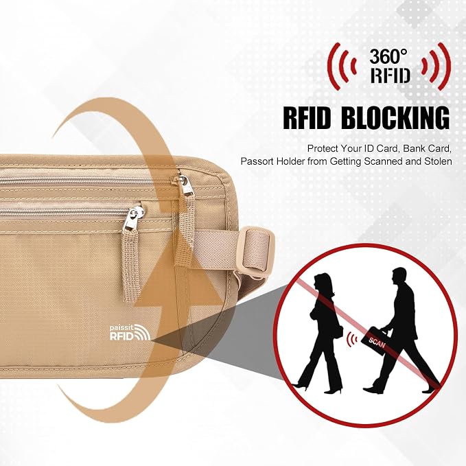 Small Unisex Money Belt For Men and Women, Slim Passport Holder RFID Blocking Travel Essentials Pouch with Adjustable Strap Small Waist Pouch for Workout Running Travelling Hiking, Beige & 8 Sleeves - Image 2