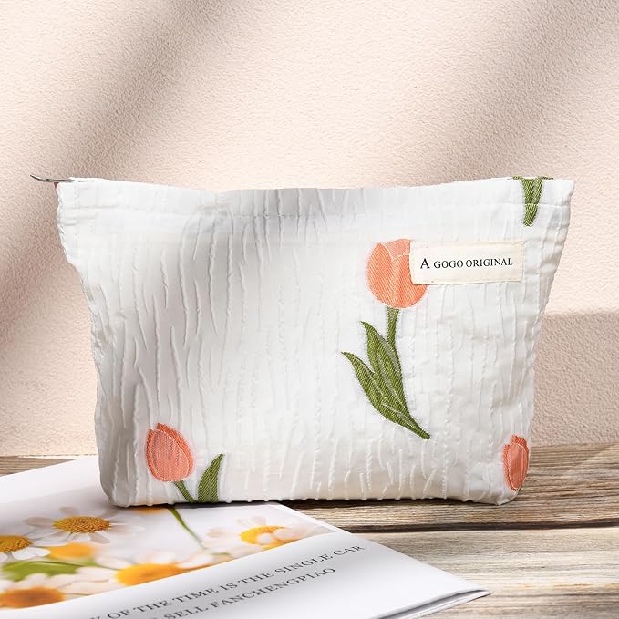 SOIDRAM 2 Pieces Flower Makeup Bag Large Floral Cosmetic Bag Capacity Canvas Travel Toiletry Bag Organizer Cute Makeup Brushes Aesthetic Accessories Storage Bag for Women, Embossed flower L White Pink - Image 7