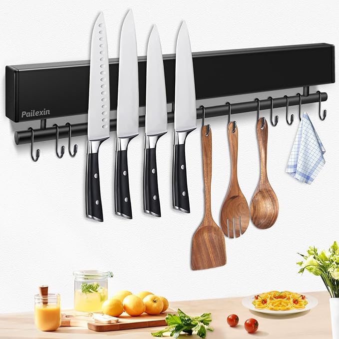 17 inch magnetic knife holder with 10 hooks, No Drilling black knife magnetic strip and utensil hanger for wall, Powerful knife magnet rack include tape and screws by Unknown