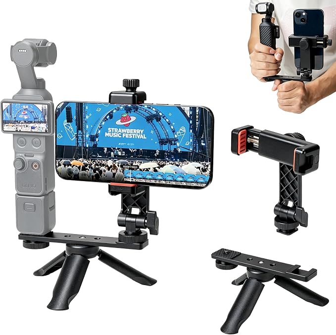 Phone Holder Mount with Mini Tripod for DJI Osmo Pocket 4/3, Vlog Rig with Cold Shoe & 1/4" Thread, 180° Adjustable Phone Clip for Live Streaming & Vlogging by Unknown