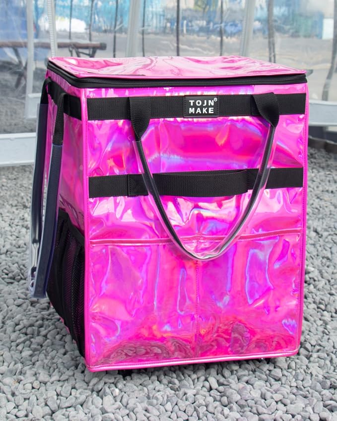 Reusable Grocery Bag On Wheels (Medium, Glitter Pink), Shopping Trolley, Rolling Tote with 8 Pockets and Zipper Cover, Foldable, Heavy Duty Handles, Carries Up to 66 LBS - Image 5