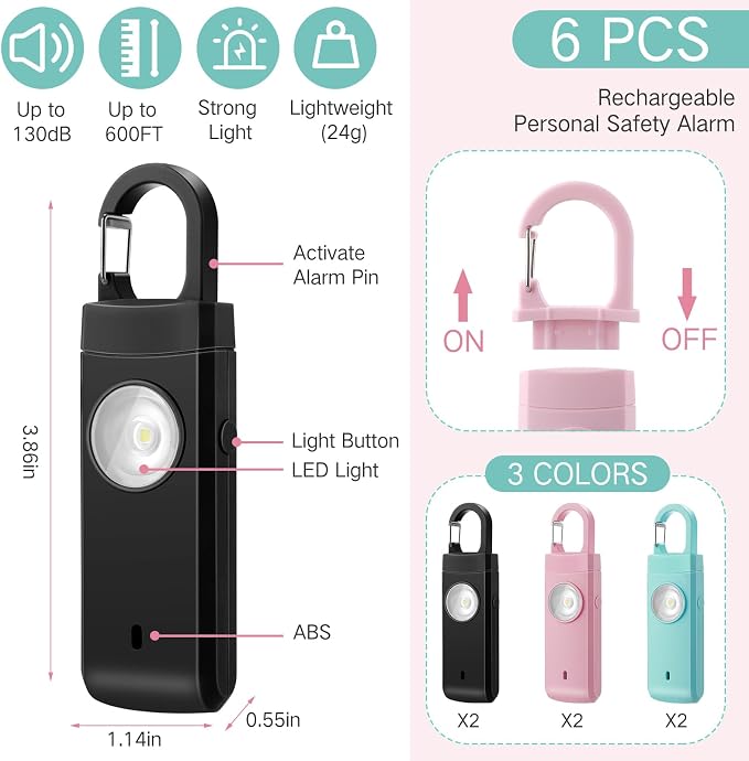 Tellegloww 6 Pcs 130 dB Personal Safety Alarm for Women, Personal Alarm Keychains Loud Siren with LED Strobe Light & Low Battery Notice Rechargeable Self Defense Keychain for Mom(Black,Pink,Blue,Snap) - Image 2