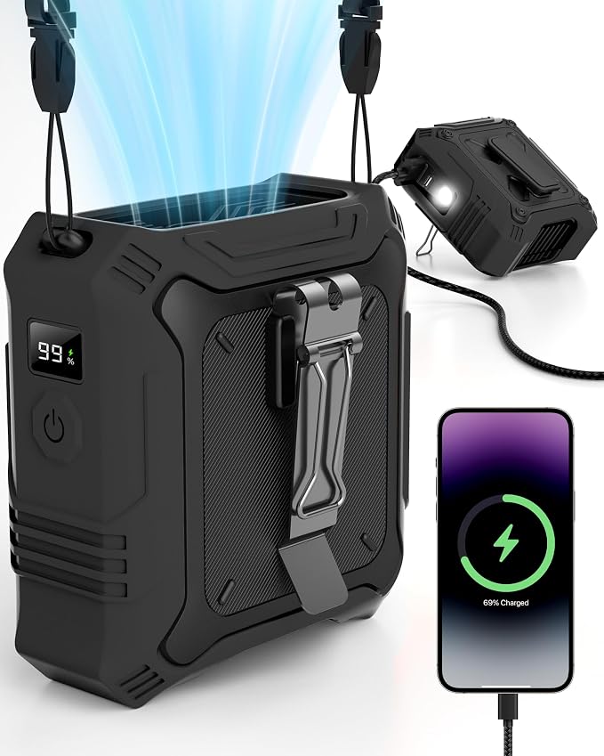 TUNISE Portable Fan with 5-Speed Settings, Dual-Sided Clip on Wearable Belt Waist Fan for 8000mAh, 2 Settings including Flashlight,Travel Essential for Outdoor Camping as Power Bank by TUNISE