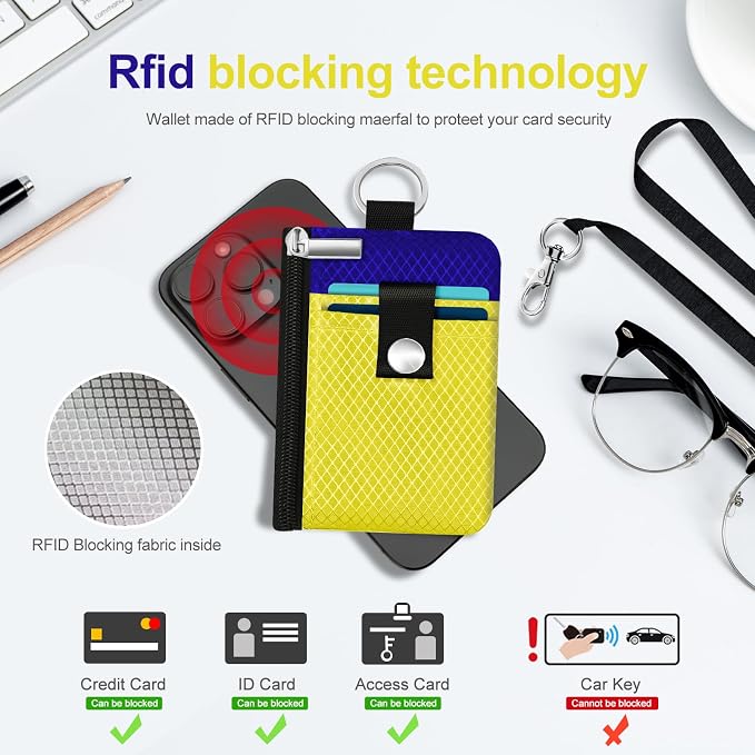 Minimalist RFID Blocking Small Wallet with ID Window,WaterResistant Zip Id Case Wallet with Lanyard Keychain for Cards,Cash,Travel,Women,Men (Lemon Yellow/Sapphire Blue) - Image 4