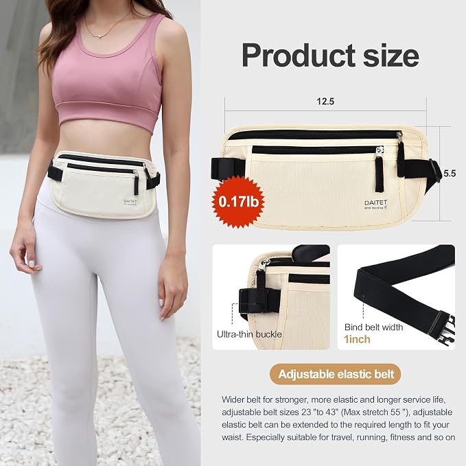 RFID Blocking Money Belt for Men Women, Slim Fanny Pack for Travel，Running,Conceal Waist Wallet for Passport Holder,Phone,Cash(Cream White) - Image 3