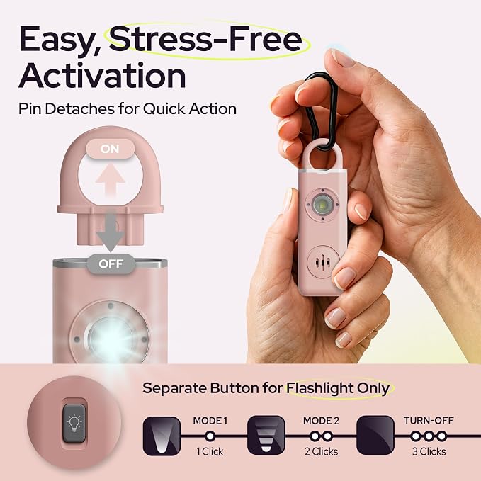 Rechargeable Personal Alarm Keychain for Women, 130dB, USB-C Charging, Pink | 130dB Loud Siren, LED Light, Carabiner Clip, Low Battery Alert, TSA Safe, Self Defense Whistle Alternative - Image 3