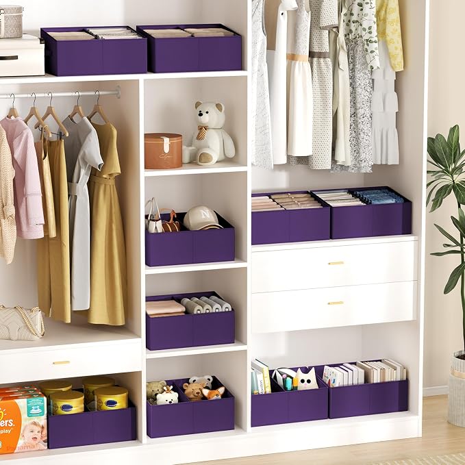 DIMJ Large Closet Shelf Organizer Bins 6 Packs with Handles and Divider, Fabric Trapezoid Storage Baskets, Foldable Clothes Containers Box for Shelf, Towel, Book, Toy, Purse, Hats, Purple - Image 5