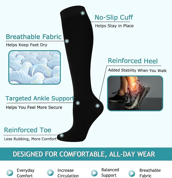 8 Pairs Compression Socks Women Men 15-20mmHg Knee High Support Circulation | Copper Nylon Graduated Stockings,Leg Fatigue, Nurses, Pregnancy, Running, Travel, Flight, Athletic, Medical - Image 4