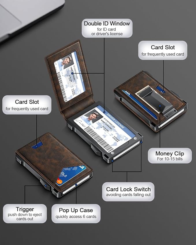 Wallet for Men RFID Wallet with 2 ID Windows & Money Clip, Slim Pop Up Card Holder for 10-12 Cards, Bifold Minimalist Smart Wallet for Front Pocket, Compact Metal Credit Card Holder, Gifts for Men - Image 6