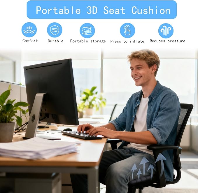 Portable Travel Airplane Seat Cushion, 3D Air Cell Tech with Built-in Pump, Adjustable Firmness Back & Tailbone Support, Ideal for Long Flights, Office, Car, Wheelchair,Great for Soccer Watching - Image 3
