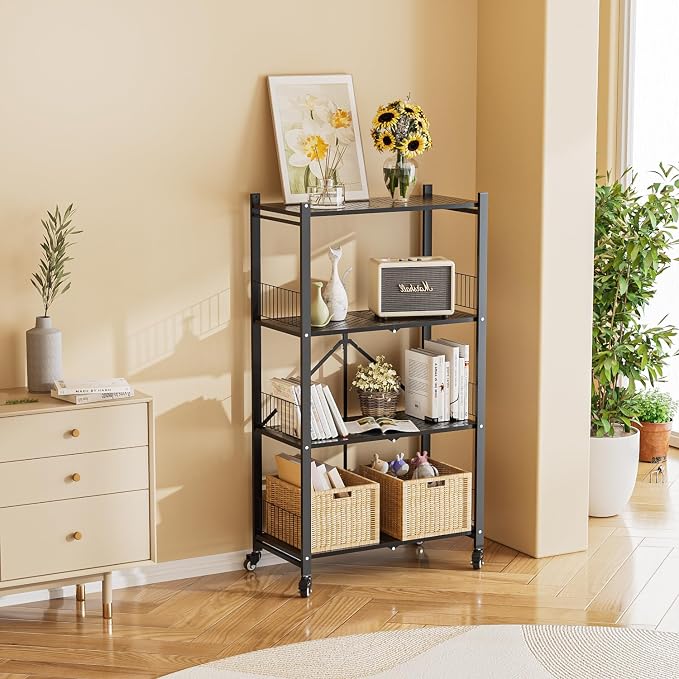 Folding Storage Shelves, 4-Tier Metal Foldable Shelf Shelving Rack Organizer On Rolling Wheels in Kitchen Warehouse Patio Pantry Garage Collapsible Shelves No Assembly (Black, 4-Layer) - Image 7