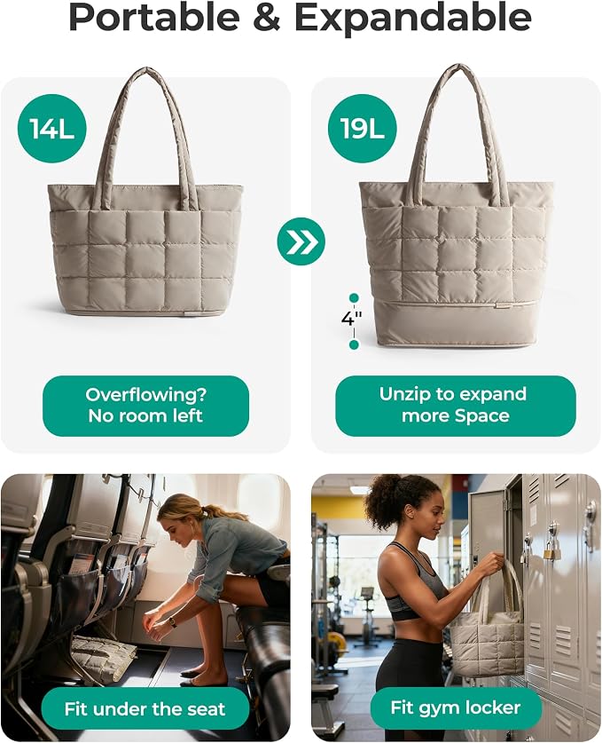 BAGSMART Expandable Tote Bag for Women, Puffer Work Tote Travel Bag | Quilted Carry On Bag for Travel Work Gym College, Waterproof Travel essentials - Image 3