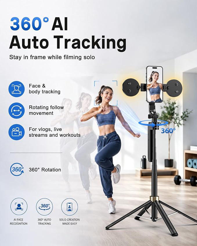 UBeesize 70" Auto Face Tracking Phone Tripod for iPhone & Camera with Light | 360° Auto Follow, Selfie Stick Mode, Dual Mini Ring Lights & Remote for Video Recording, Live Streaming and Content Creation - Image 2