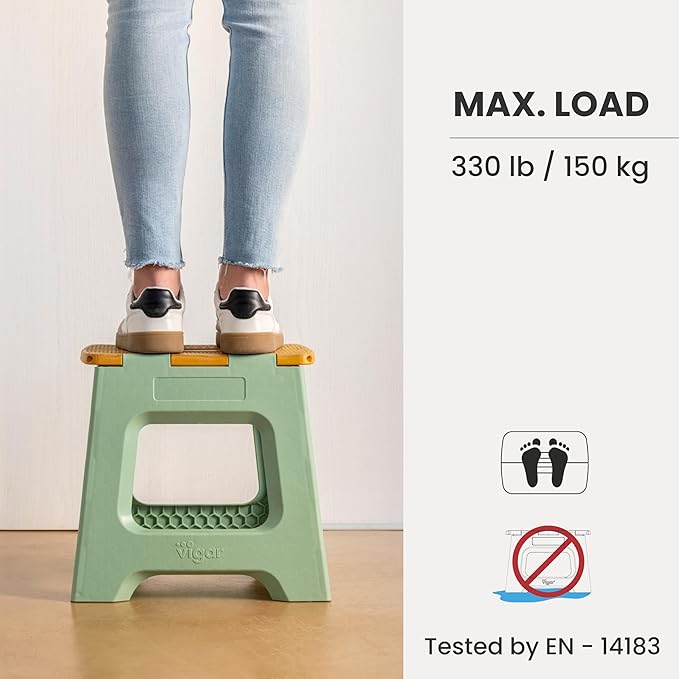 Vigar Compact Folding Step Stool, 12-1/2 in, Green Bamboo Print | 12-1/2 in Foldable Stool, Lightweight Portable Design, Handle, Non Slip Surface, Space-Saving, Supports up to 330 lb - Image 5