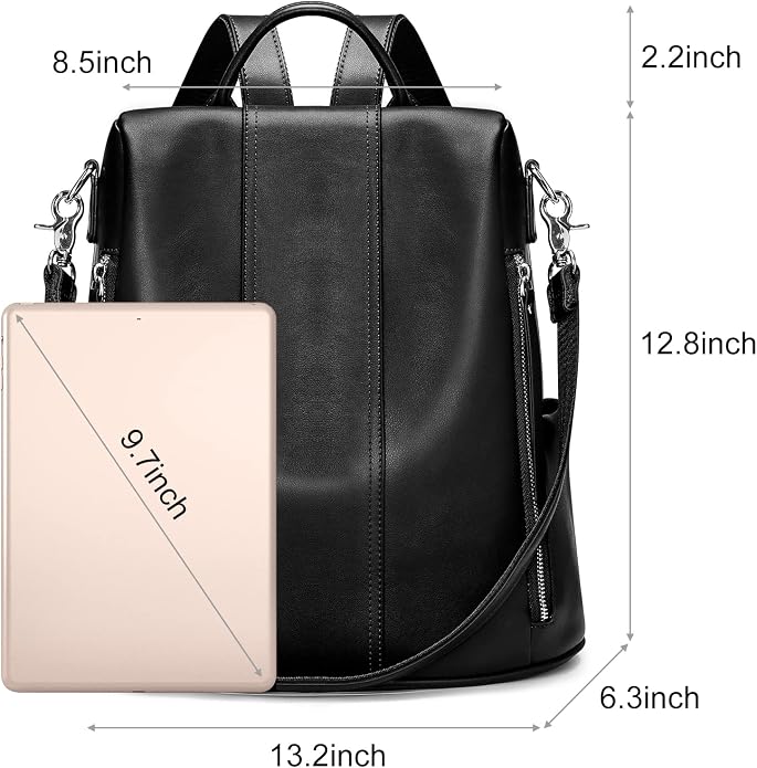 S-ZONE Leather Backpack Purses for Women Antitheft Rucksack Shoulder Bag Medium | Genuine Leather, Medium Fits 9.7-inch Tablet, for Work Travel Daily Commute, Multi Pockets, Adjustable Dual Straps - Image 4