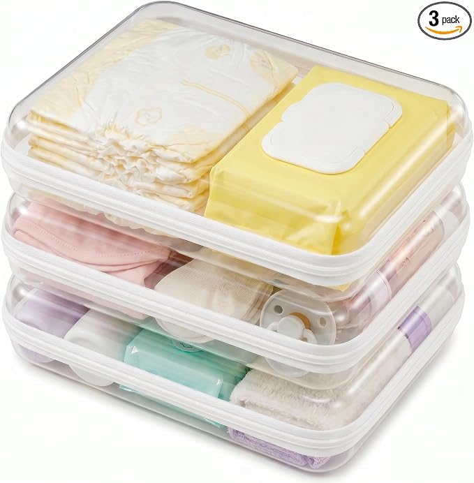 3 Pack Medium White Clear Hard Shell Zipper Case, Clear Storage Organizer Bins with Zipper, Water-Resistant Travel Toiletry Bag for Makeup, Cables, Snacks, Crafts, Office Supplies by Unknown