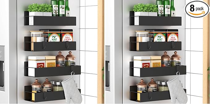 HuggieGems Metal 8 Pack Magnetic Spice Storage Rack Organizer for Refrigerator and Oven, Black Fridge Organizers and Storage, Metal by HuggieGems