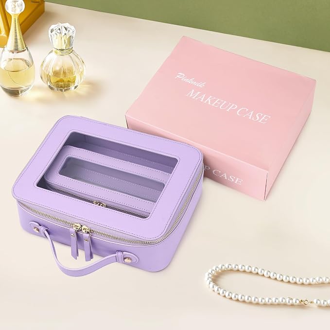 Pinkmik Clear Makeup Bag with Brush Bag, (Purple, L+SLIM) | 2pcs, Waterproof, Travel Case for Cosmetics and Toiletries, Women's Cosmetic Organizer, with Zipper - Image 7