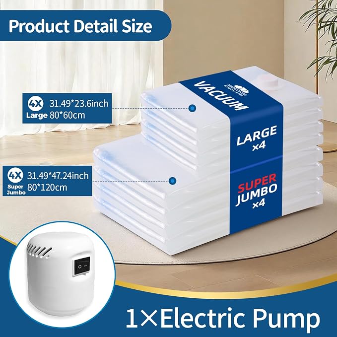 Vacuum Storage Bags with Electric Pump 8 Pack Jumbo Size | Saving 80% space Reusable double-zip seal keeps items fresh,high-capacity packing sacks compress bedding & clothes - Image 3