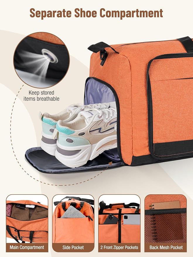 Lekesky Foldable Travel Duffel Bag for Women, 80L Large Duffle Bag with Separate Shoes Compartments & Straps, Carry On Weekend Bag for Women, Hospital, Overnight(Orange) - Image 4