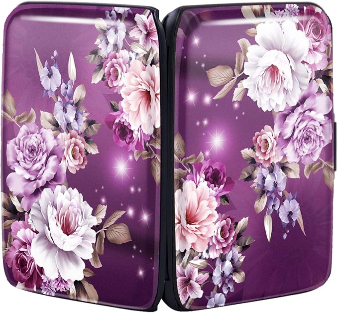 Credit Card Holder for Women,RFID Blocking Slim Hard Mini Flowers Card Case ID Case Travel Wallet Purple - Image 4