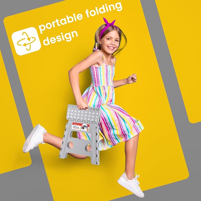 13" Folding Step Stool, Non-Slip Foldable Stools for Adults, Gray | Heavy Duty Portable Collapsible Foot Stepping Stool, Holds 300 lb for Kitchen Bathroom Outdoor, Lightweight, Built-in Handle - Image 6