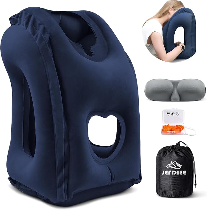 Inflatable Travel Pillow, Airplane Neck Pillow Comfortably Supports Head and Chin for Airplanes, Trains, Cars and Office Napping with 3D Eye Mask, Earplugs and Portable Drawstring Bag (Blue) by JEFDIEE