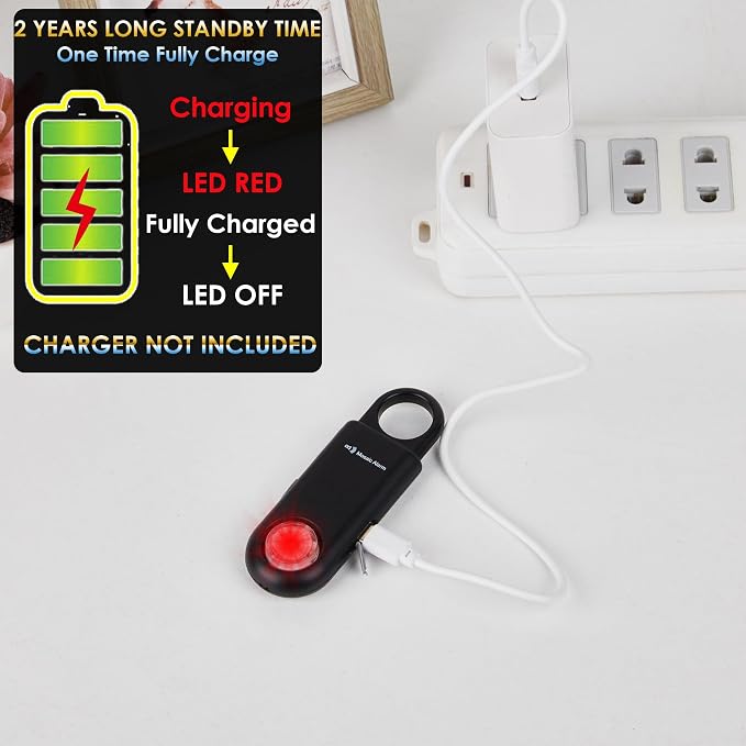 135dB Rechargeable Personal Safety Alarm Strobe Light Flashlight Keychain Siren for Women, Girls, College, School Students Emergency SOS Alerts Loud Sound Hiking Alarm Torchlight Bear Deterrent. Black - Image 5