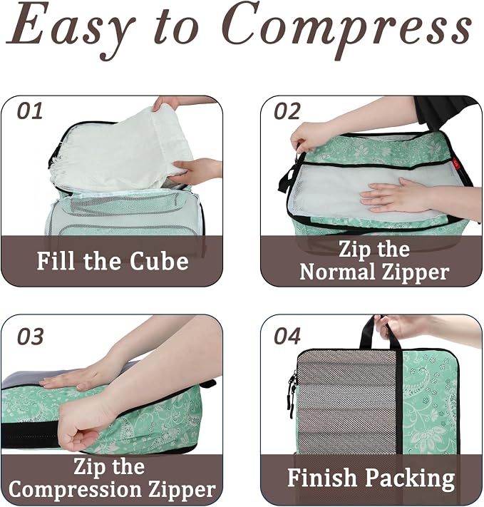 U+U 6 Set Compression Packing Cubes, Travel Organizers (Green Paisley) | Space-Saving & Drawstring Bag Included - Image 4
