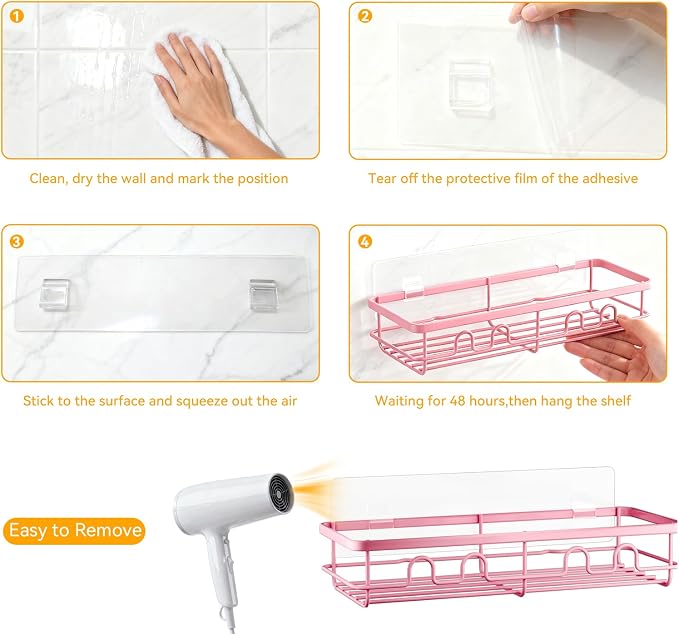 Adhesive Shower Caddy, Large Capacity Shower Racks for Inside Shower, No Drill Bathroom Shower Organizer and Storage, 2 Pack Pink Bathroom Shelves, Home Decor Rv Accessories, Apartment - Image 7