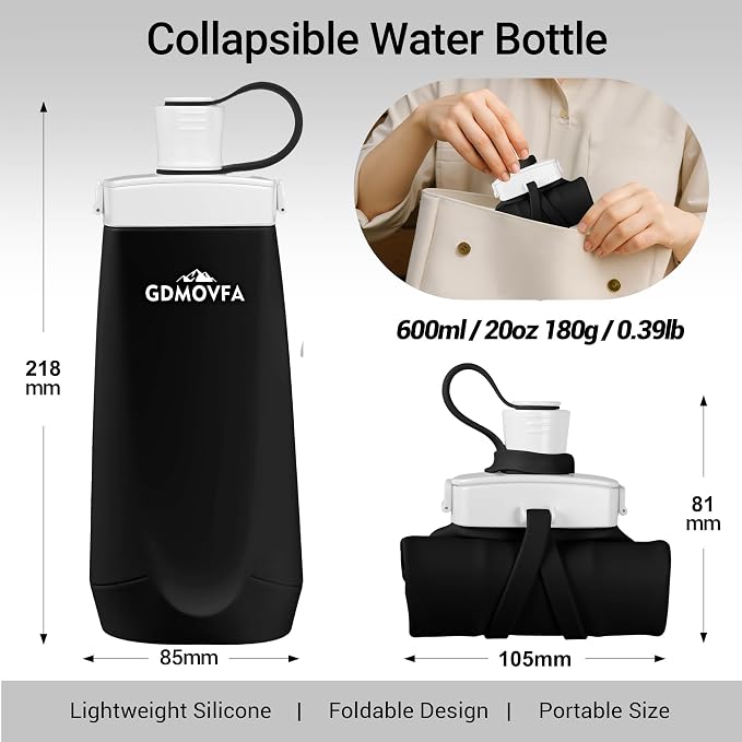 Collapsible Water Bottles,20oz Reusable Silicone Foldable Water Bottle,Portable Leak-proof Collapsible Water Bottle for Traveling Camping Hiking Cycling Yoga Sports Outdoor (Black) - Image 2